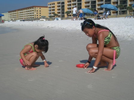 Kasen and Karis looking for shells